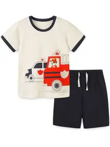 StyleCast Boys Cream Coloured Printed Pure Cotton T-shirt with Shorts