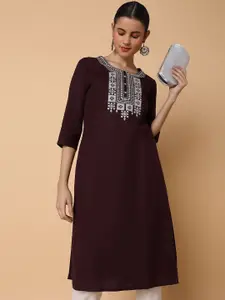 SHOWOFF Geometric Yoke Design Thread Work Straight Kurta