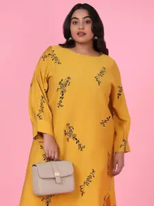 SHOWOFF Plus Size Floral Printed Boat Neck Puff Sleeves Cotton A-Line Kurta