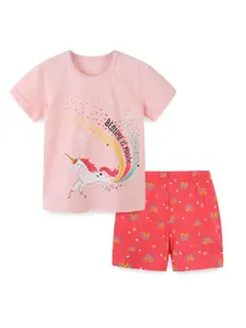 StyleCast Girls Pink Printed Cotton T-shirt with Shorts