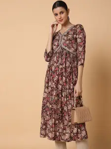 SHOWOFF Floral Printed V-Neck Beads and Stones A-Line Kurta