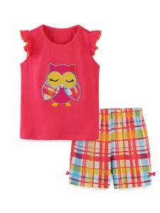 StyleCast Girls Red Embroidered Pure Cotton Top with Shorts