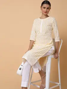 SHOWOFF Floral Embroidered Chikankari Cotton Straight Kurta