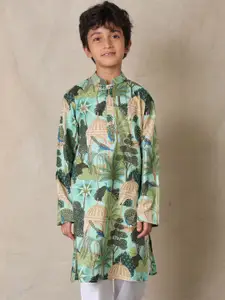 Anthrilo Boys Band Collar Floral Printed Pure Cotton Straight Kurta