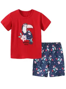 StyleCast Red Girls Printed Pure Cotton T-shirt with Shorts
