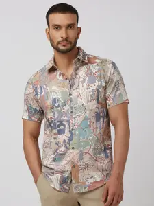 Mufti Men Spread Collar Abstract Printed Cotton Slim Fit Casual Shirt