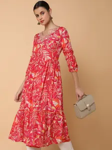 SHOWOFF Floral Printed V-Neck Beads and Stones A-Line Kurta