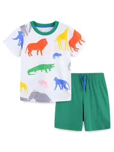 StyleCast Boys White Printed Pure Cotton T-shirt with Shorts