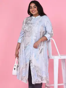 SHOWOFF Plus Size Abstract Printed Mandarin Collar Cotton Straigth Kurta