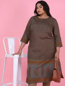 SHOWOFF Plus Size Floral Printed Sequins Straight Kurta