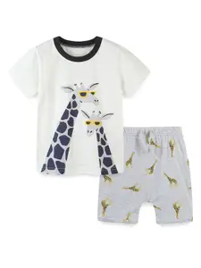 StyleCast Boys White Printed Pure Cotton T-shirt with Shorts
