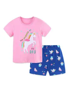 StyleCast Girls Pink Printed Cotton T-shirt with Shorts