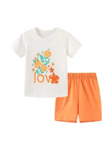 StyleCast White Girls Printed Pure Cotton T-shirt with Shorts