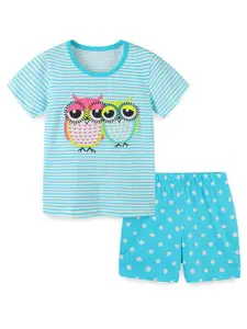 StyleCast Blue Girls Printed Pure Cotton T-shirt with Shorts