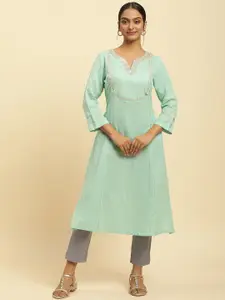 W Striped Notch Neck Thread Work A Line Kurta