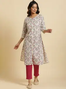 W Floral Printed Keyhole Neck Cotton Straight Kurta