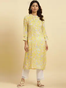 W Floral Printed Mandarin Collar Sequinned Straight Kurta