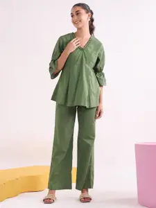 JISORA Pure Cotton V-Neck Top With Trouser