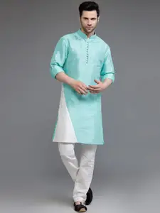Utsav Fashion Colourblocked Mandarin Collar Dupion Silk Kurta With Trousers
