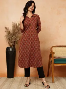 KIMAYRA Ethnic Motifs Printed Shirt Collar Straight Kurta