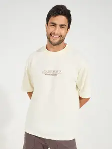 Styli Men Cotton Rich Chest Printed Oversized Athleisure Tee with Mock Neck Detail