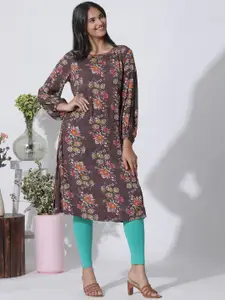 W Pink Brown Printed Keyhole Neck Puff Sleeves Sequinned Straight Kurta