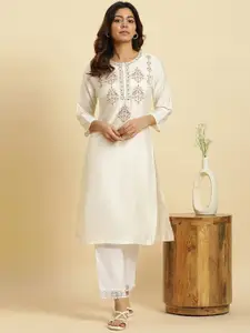 W Floral Embroidered Thread Work Round Neck Straight Kurta