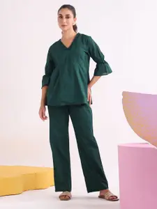 JISORA V Neck Pure Cotton Top With Trouser