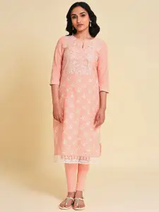 W Floral Embroidered Keyhole Neck Chikankari Cotton Straigth Kurta