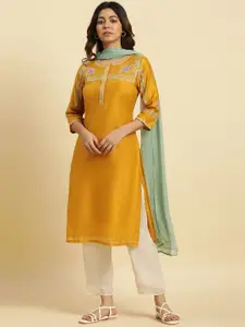 W Floral Yoke Design Thread Work Straight Kurta