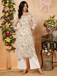 KIMAYRA Floral Printed Shirt Collar Straight Kurta