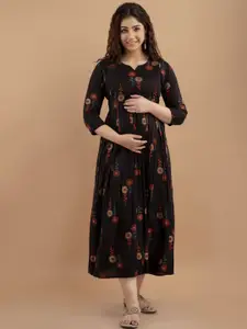 DRESSAR Floral Printed Midi Empire Maternity Ethnic Dress