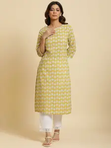 W Geometric Printed Thread Work Cotton Straight Kurta