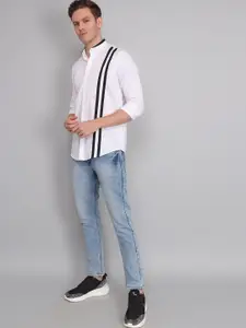 TRYBUY.IN Men Band Collar Vertical Striped Cotton Semiformal Shirt