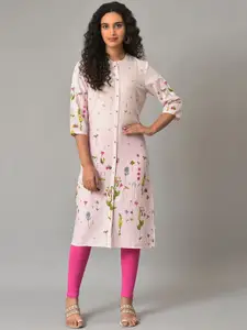 W Floral Printed Mandarin Collar Straight Kurta