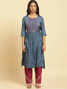W Floral Printed Striped Keyhole Neck Straight Kurta