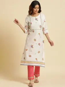 W White Floral Printed Thread Work Straight Kurta
