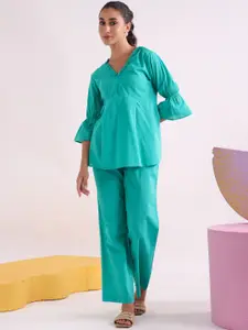 JISORA V Neck Bell Sleeves Pure Cotton Top With Trousers