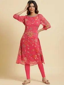 W Pink Floral Printed Puff Sleeves Sequinned Straight Kurta