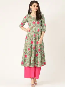 Anouk Floral Printed Round Neck Panelled Pure Cotton Anarakali Kurta