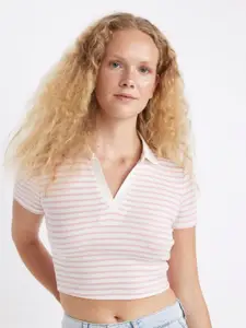 DeFacto Women Striped V-Neck Extended Sleeves Pockets T-shirt