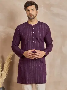 Anouk Striped Embroidered Mandarin Collar Sequinned Straight Kurta