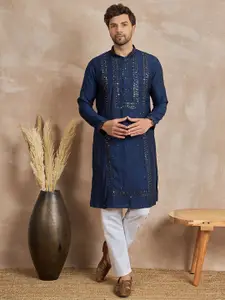 Anouk Sequin Embroidered Mandarin Collar Mirror Work Straight Kurta