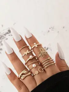 Jewels Galaxy Set Of 9 Gold-Plated Beaded Finger Ring