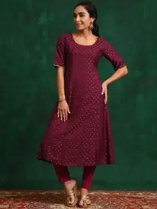 Sangria Ethnic Motifs Printed Chanderi Silk A-Line Kurta