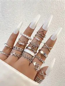 Jewels Galaxy Set Of 22 Silver-Plated Stone Studded & Beaded Finger Rings