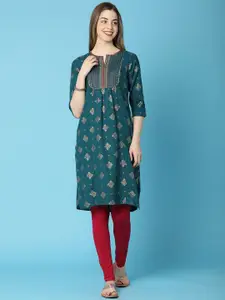 V-Mart Ethnic Motifs Printed Notch Neck Thread Work A-Line Kurta