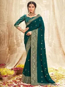Saree mall Ethnic Motifs Zari Silk Blend Teal blue Sarees