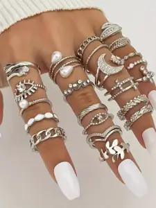 Jewels Galaxy Set Of 23 Silver-Plated Stone Studded Finger Ring