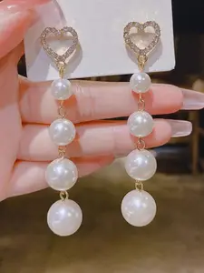 KRENOZ Stainless Steel Stone Studded & Pearl Beaded Classic Drop Earrings